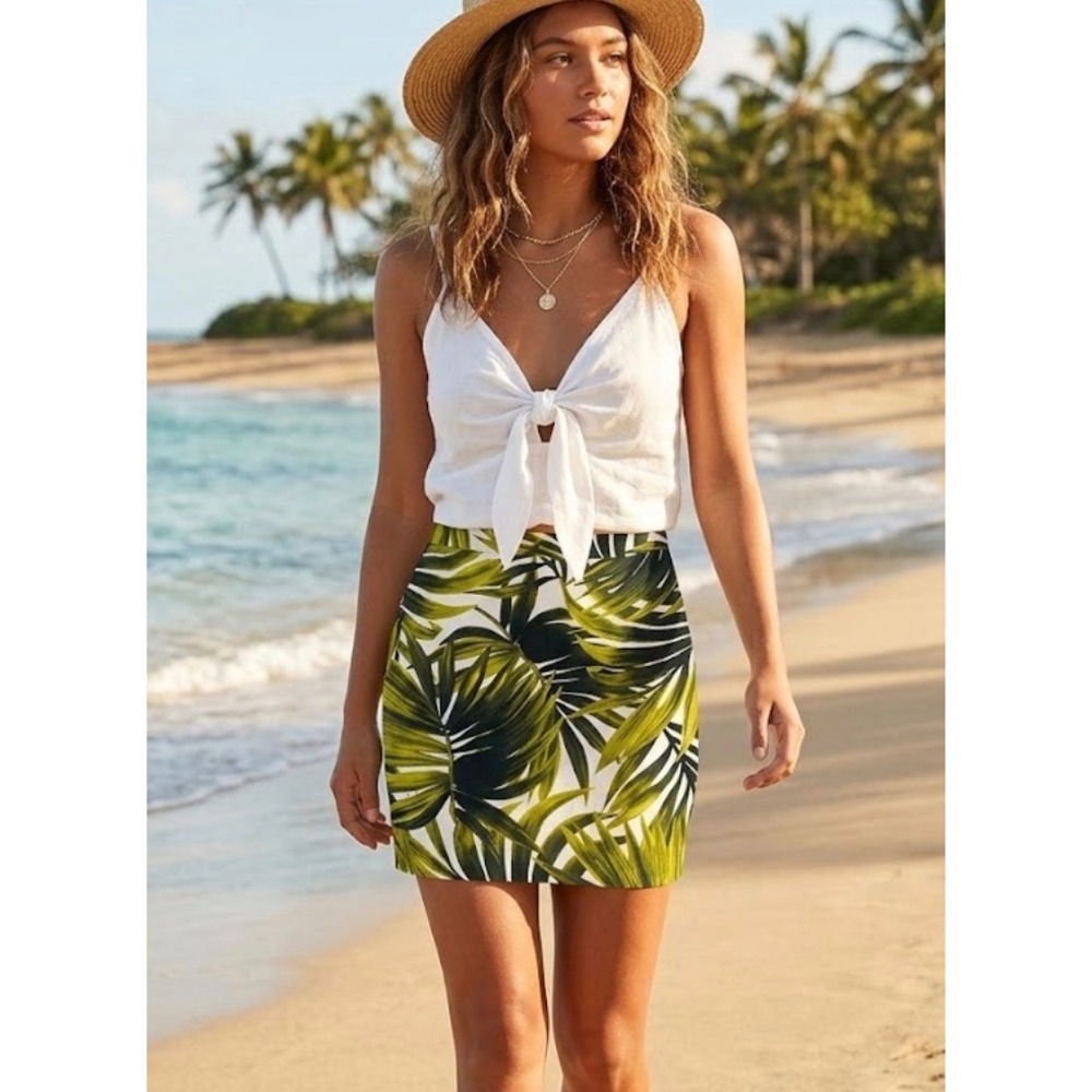 Ann Taylor Tropical Palm Leaf Print Pencil Skirt Green Black White‎ Size 6